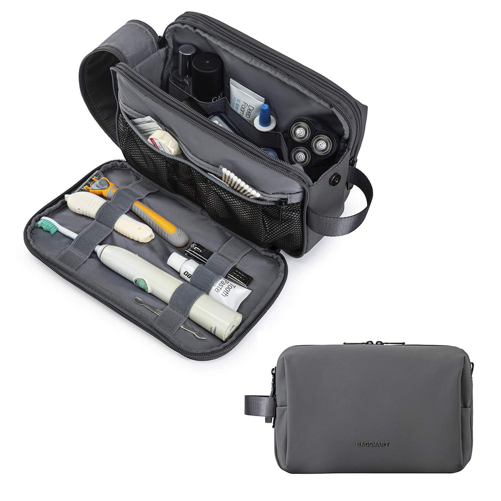BAGSMART toiletry bag open interior shows organized pockets for easy travel access.
