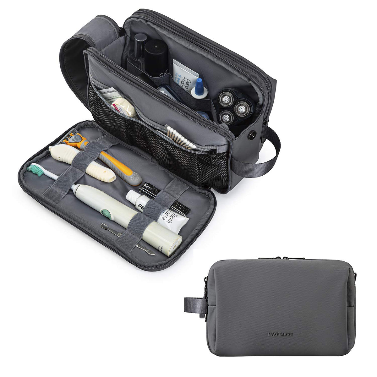 BAGSMART toiletry bag open interior shows organized pockets for easy travel access.