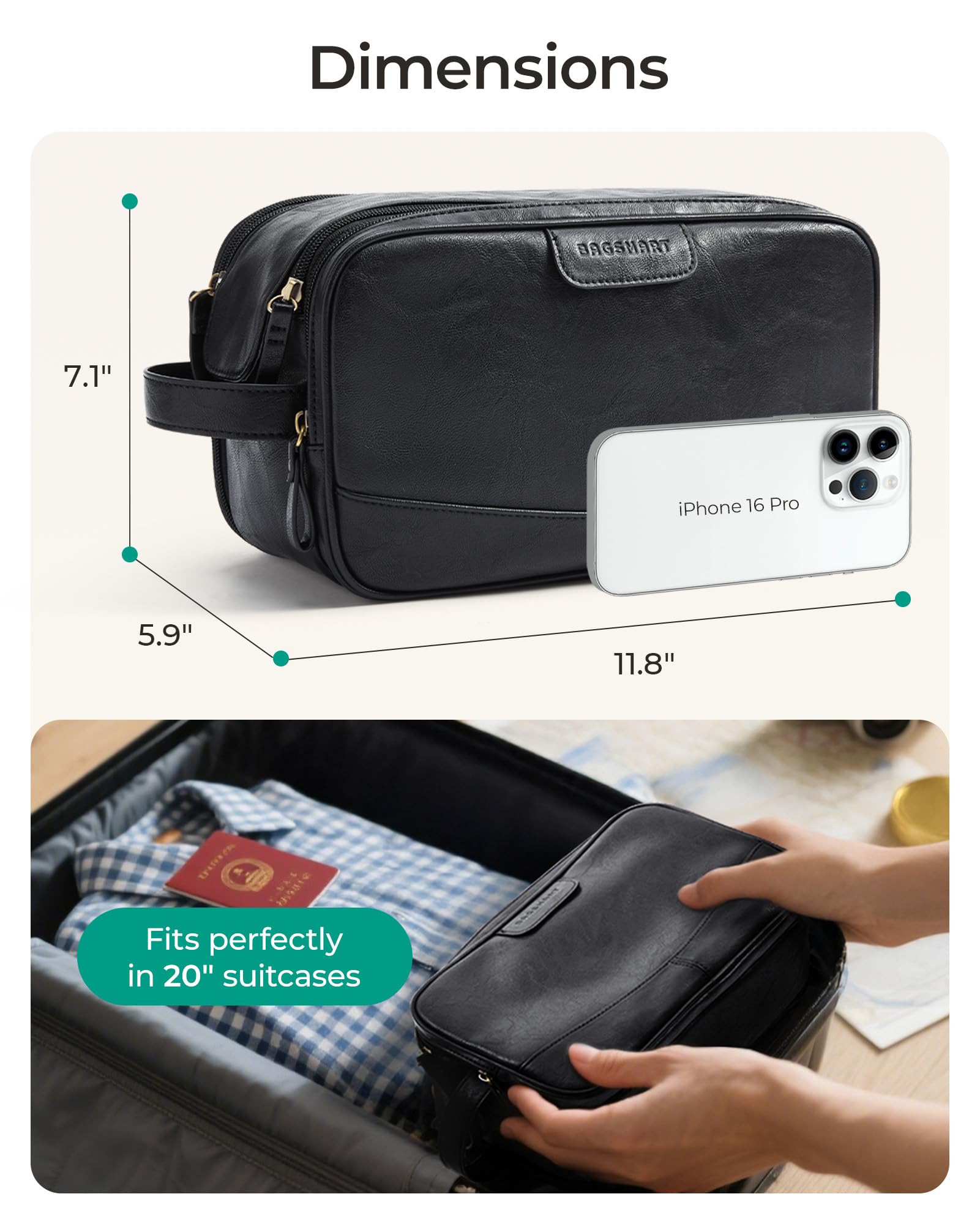 BAGSMART open full-pocket view demonstrates versatile space for skincare products.