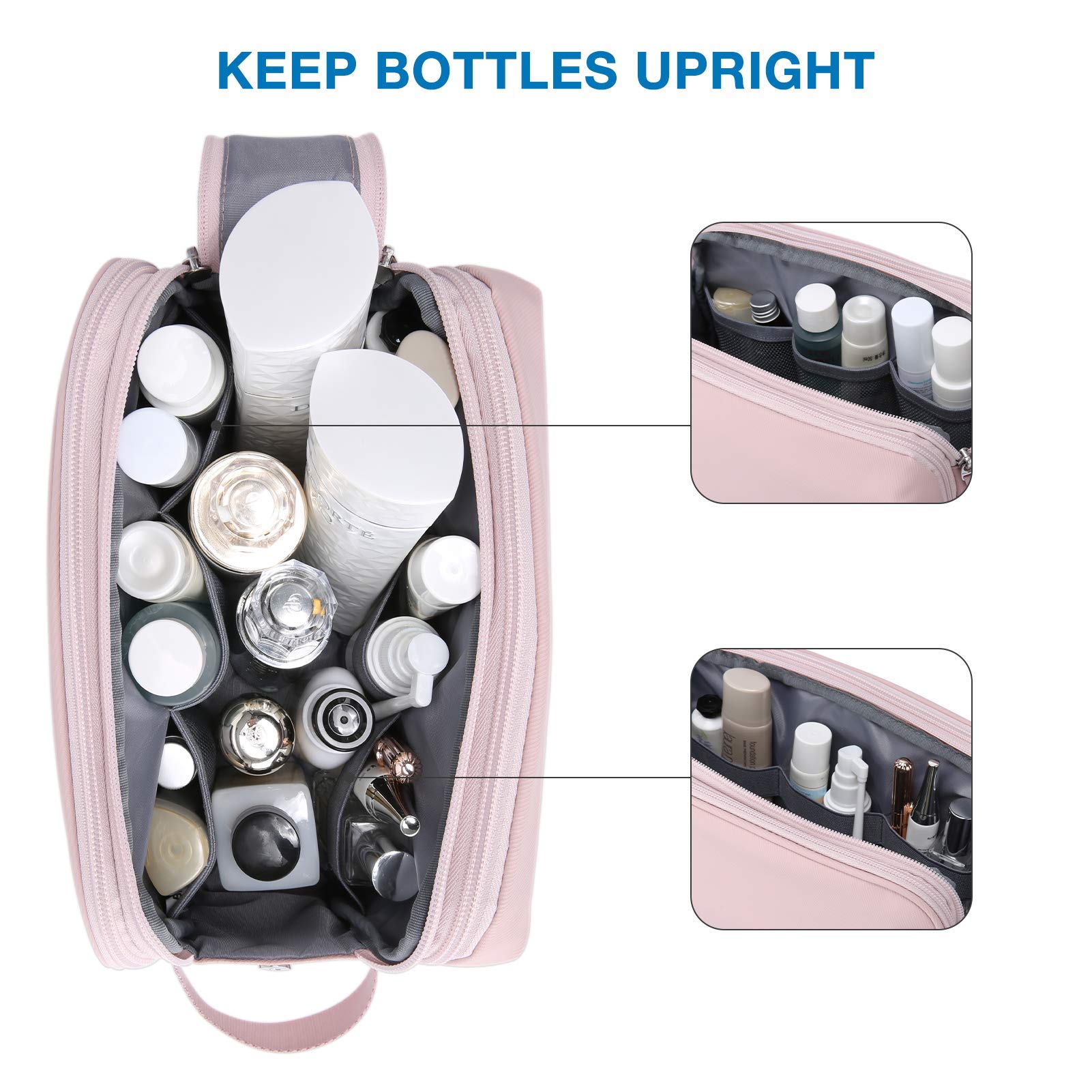 BAGSMART Toiletry Bag pink medium front pocket separates wet items for easy access.