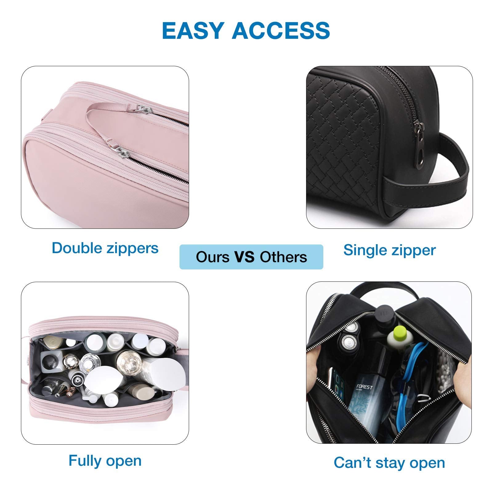 BAGSMART Toiletry Bag pink medium inside with compartments for cosmetics.