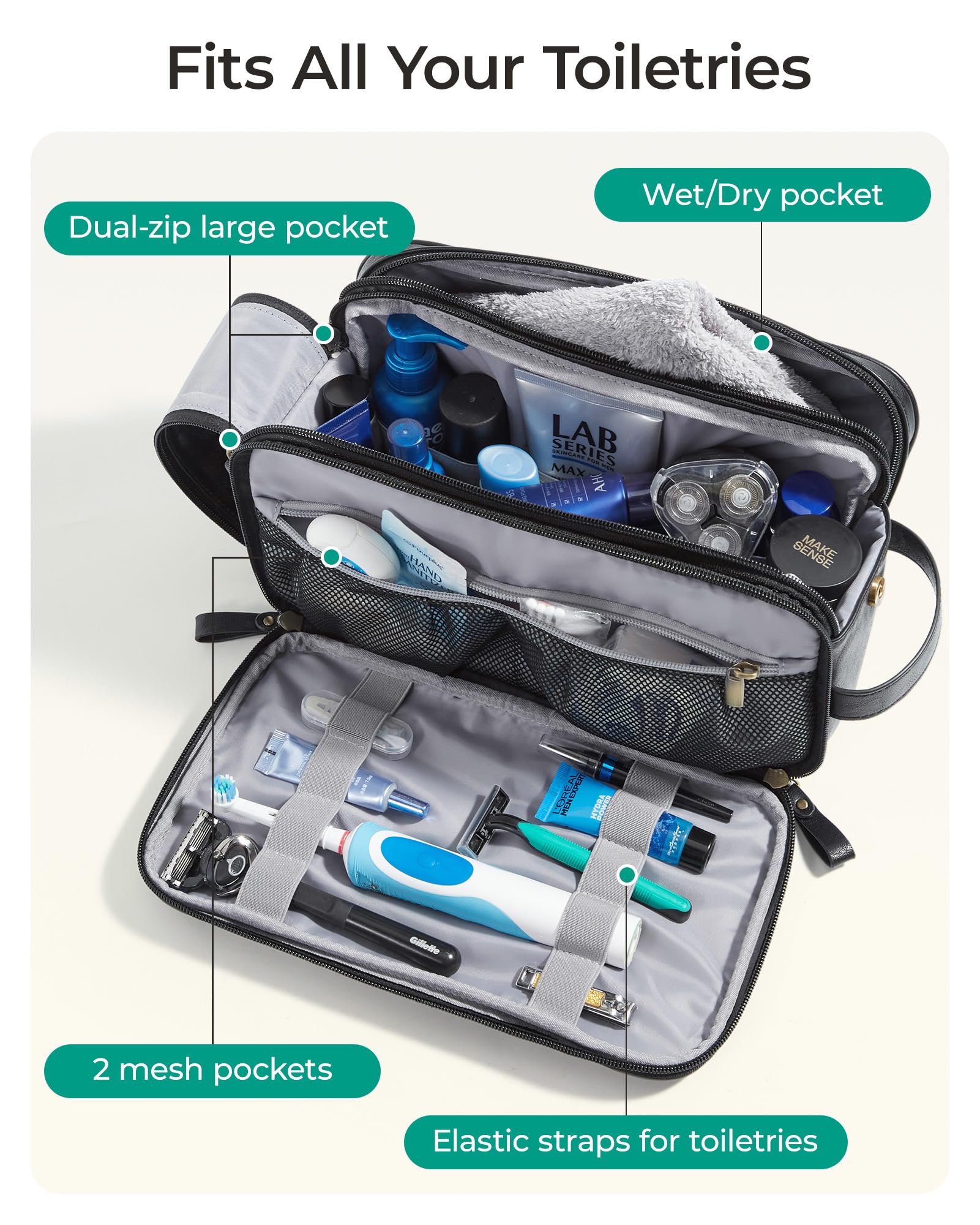 BAGSMART two-sided zipper pocket design helps separate brushes and razors while traveling.