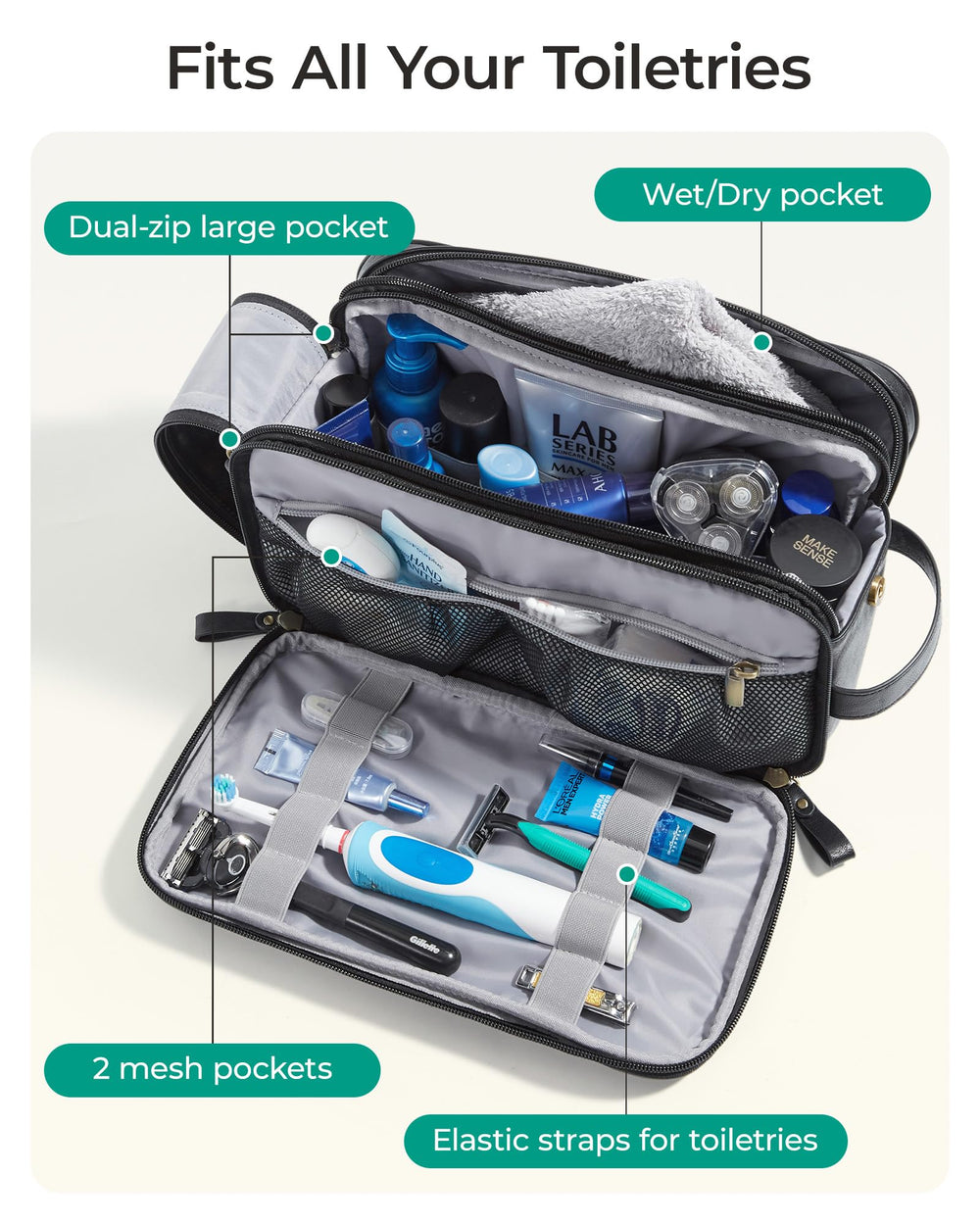 BAGSMART two-sided zipper pocket design helps separate brushes and razors while traveling.