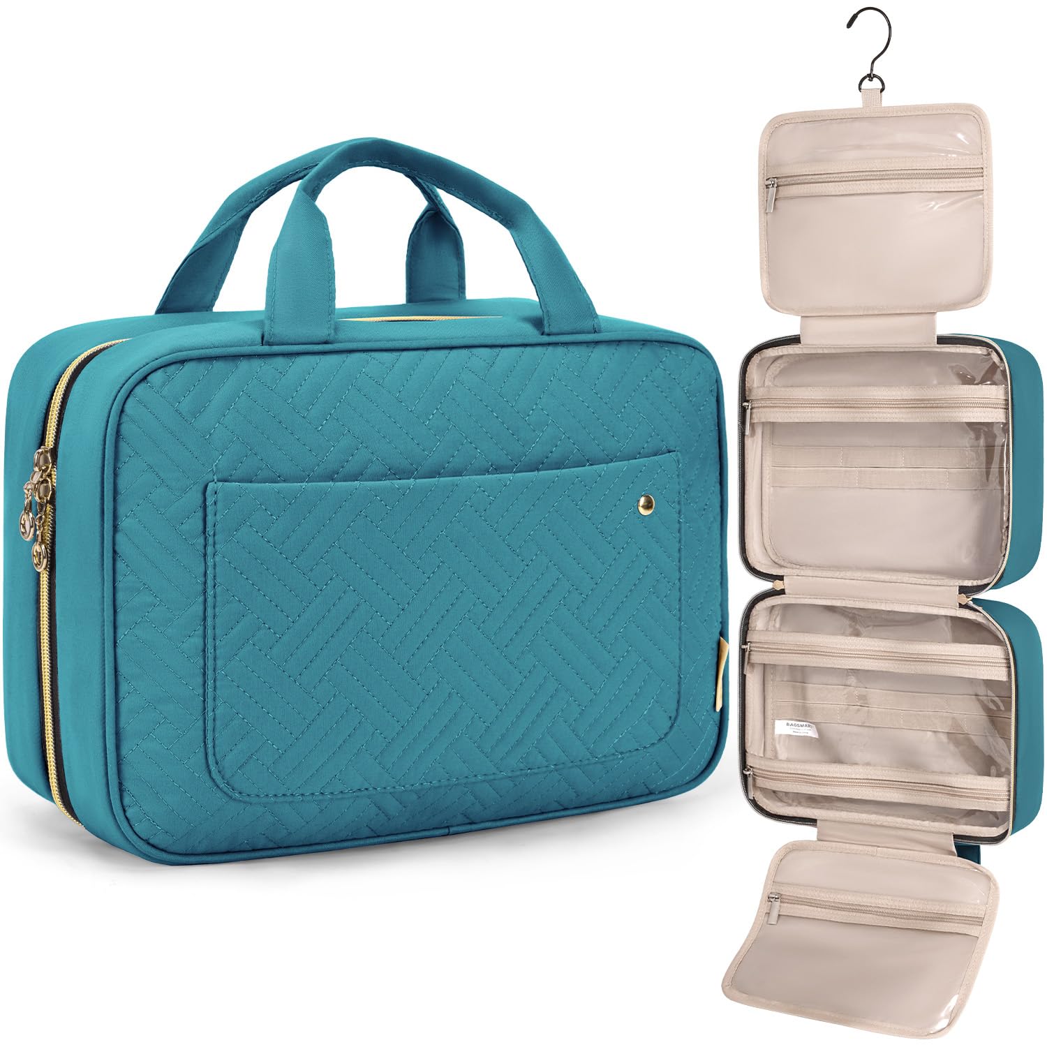 BAGSMART Toiletry Bag teal open setup showing organized interior for travel essentials