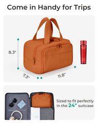 BAGSMART Toiletry Bag keeps bottles upright in the middle compartment to prevent leaks.