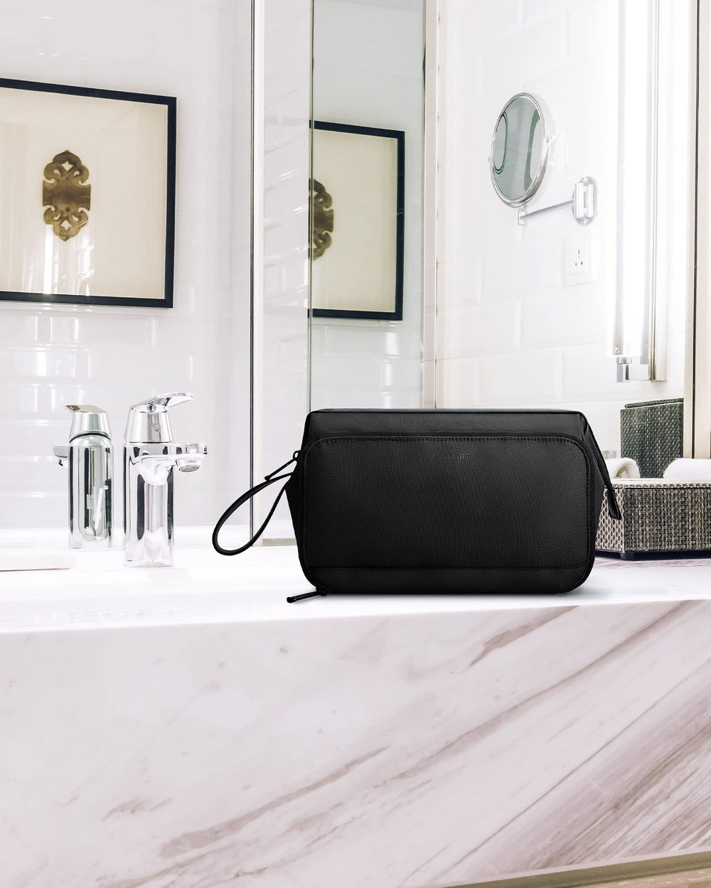 BagSmart Toiletry Bag wide opening design in action for easy item access.