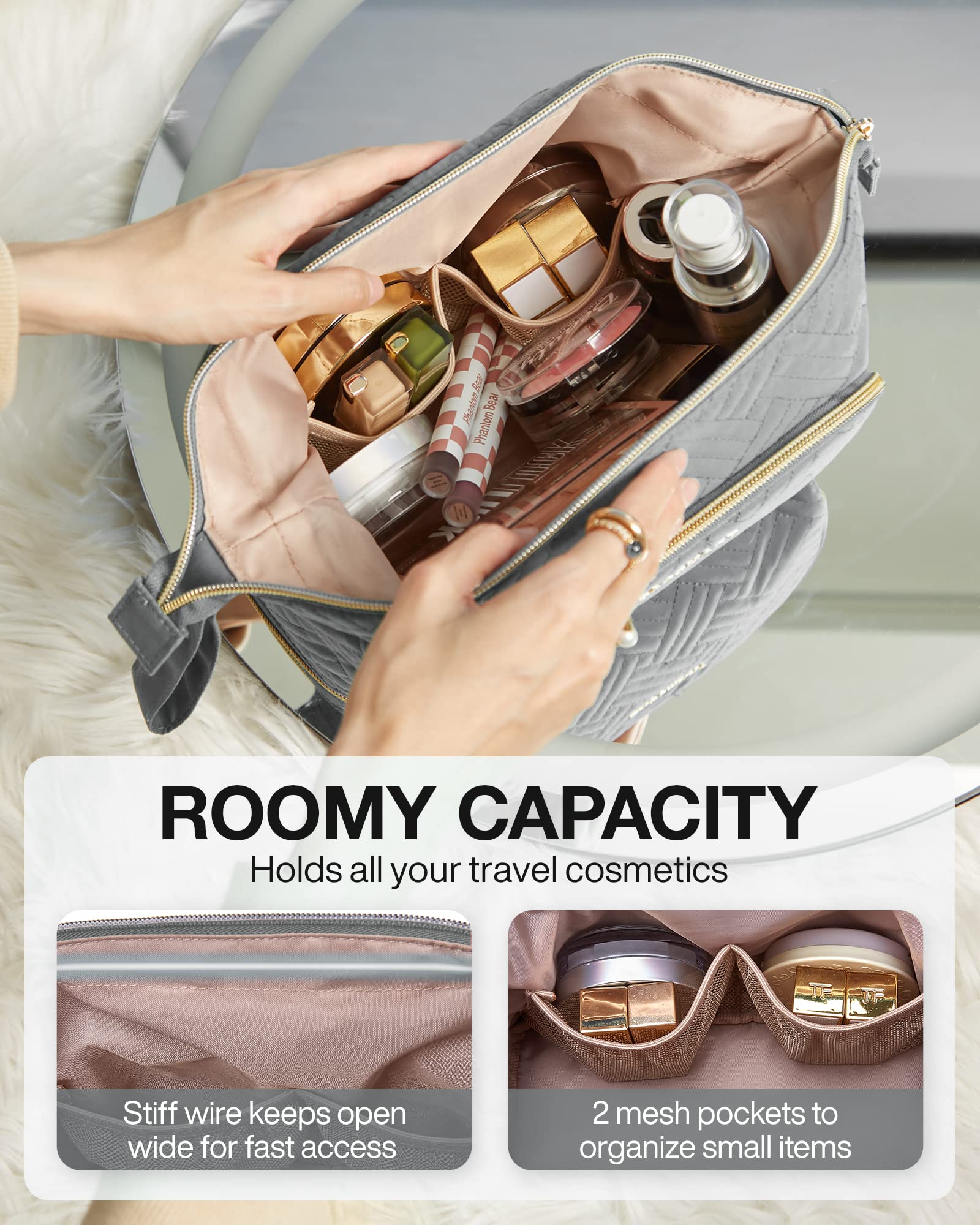 BAGSMART makeup bag with brush compartment protects brushes during travel and keeps tools organized