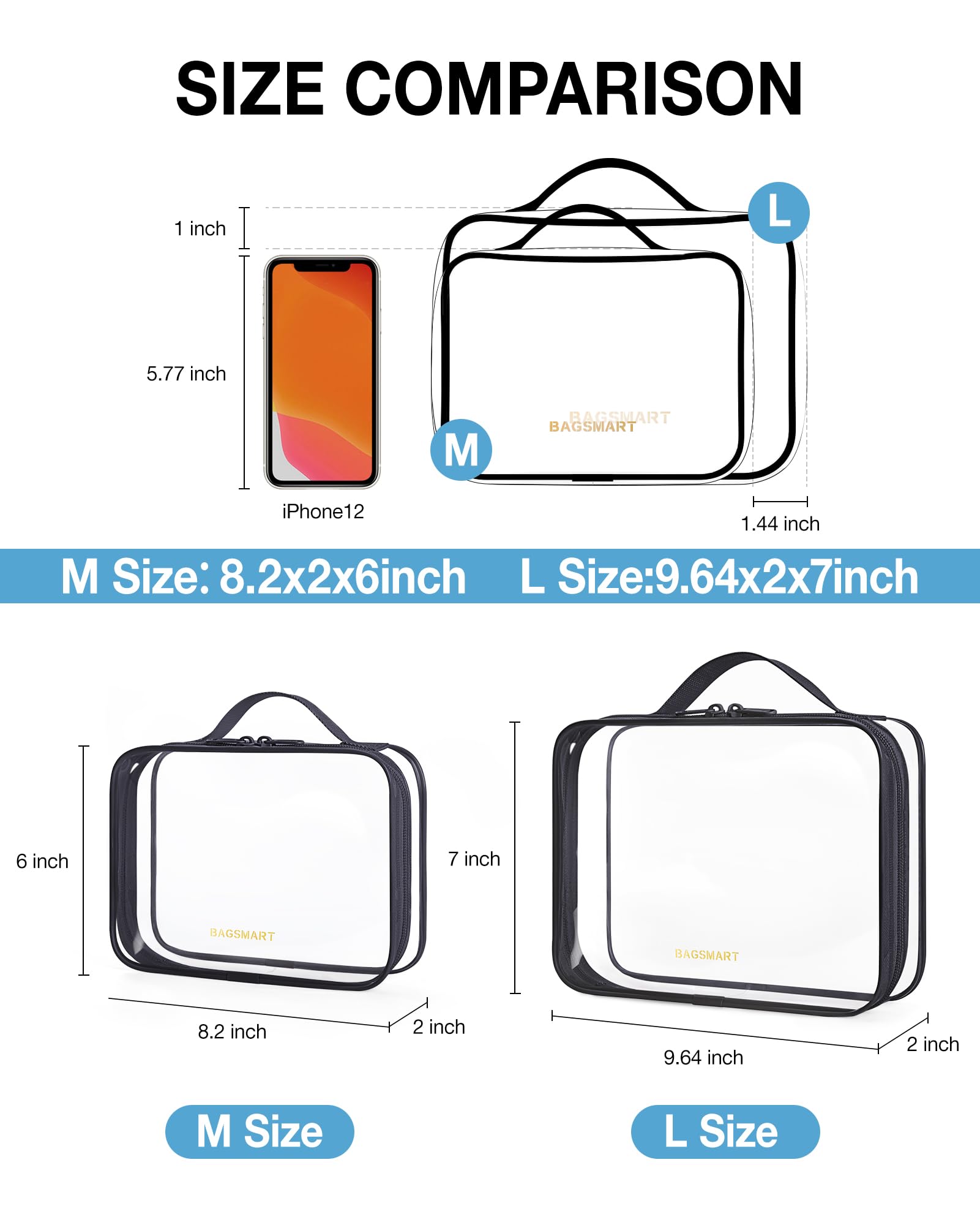 BAGSMART travel makeup bag transparent highlights easy access to cosmetics during travel.