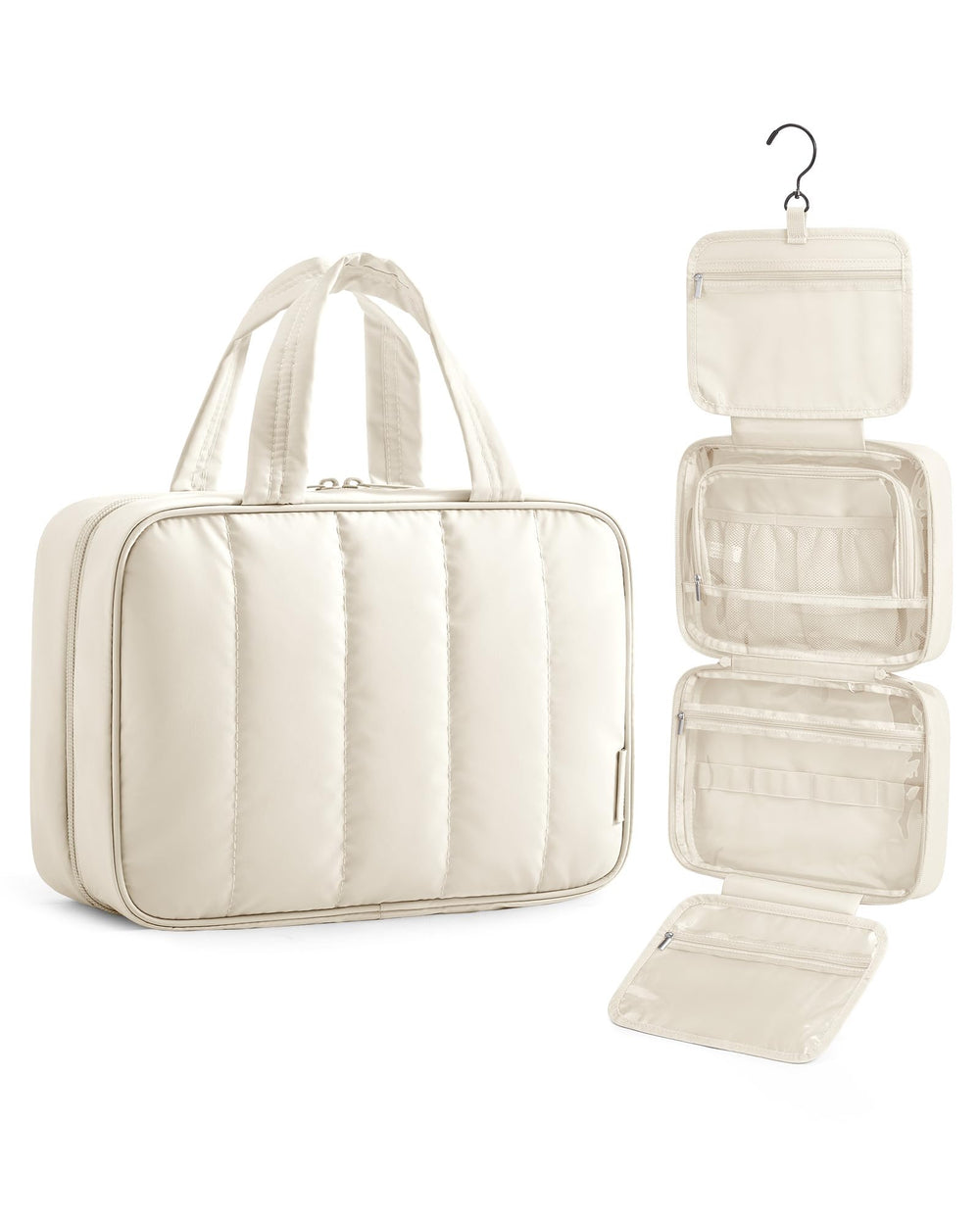 BAGSMART travel toiletry bag beige closed showing compact organization for easy packing.