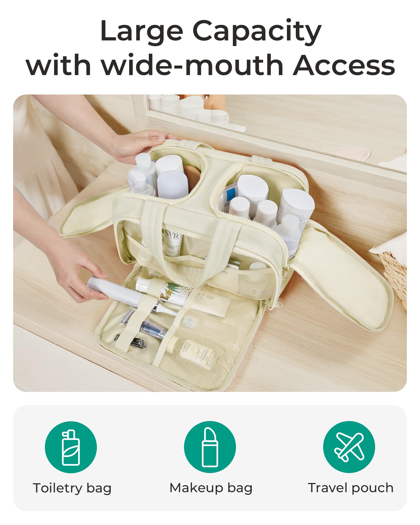 BAGSMART Travel Toiletry Bag beige full-open demonstrates wide compartments for cosmetics