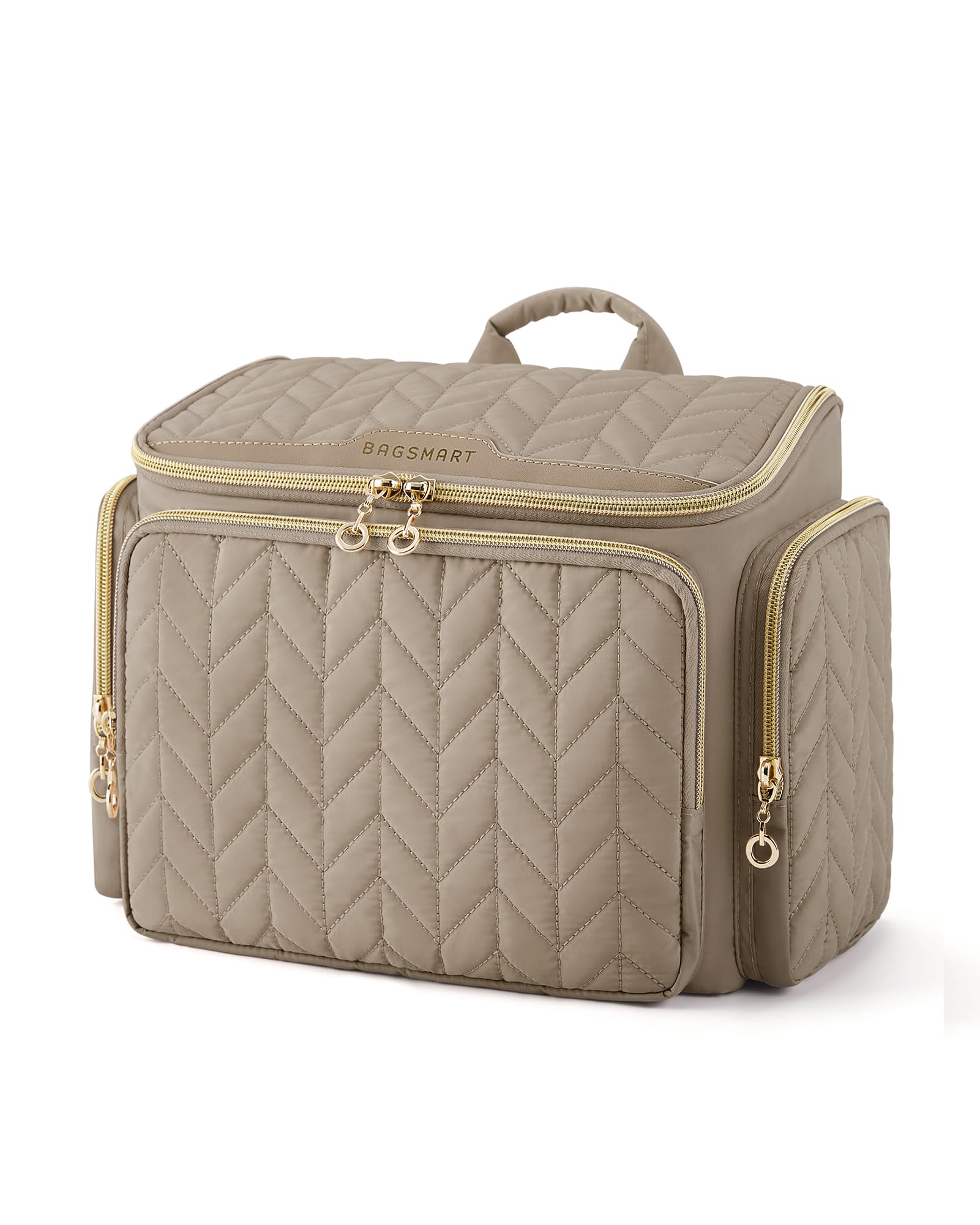 BAGSMART travel toiletry bag camel wide-opening view offers easy item access.