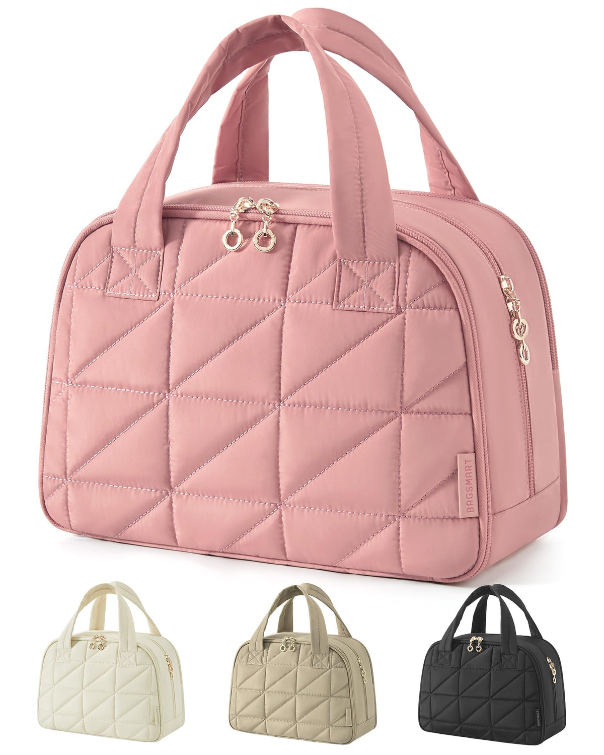 BAGSMART dark pink travel toiletry bag full view showing spacious interior for cosmetics.