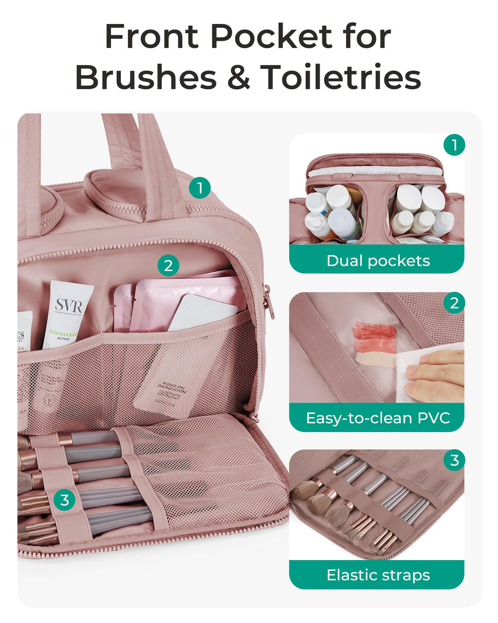 BAGSMART travel toiletry bag dark pink open compartments enabling quick access and easy packing