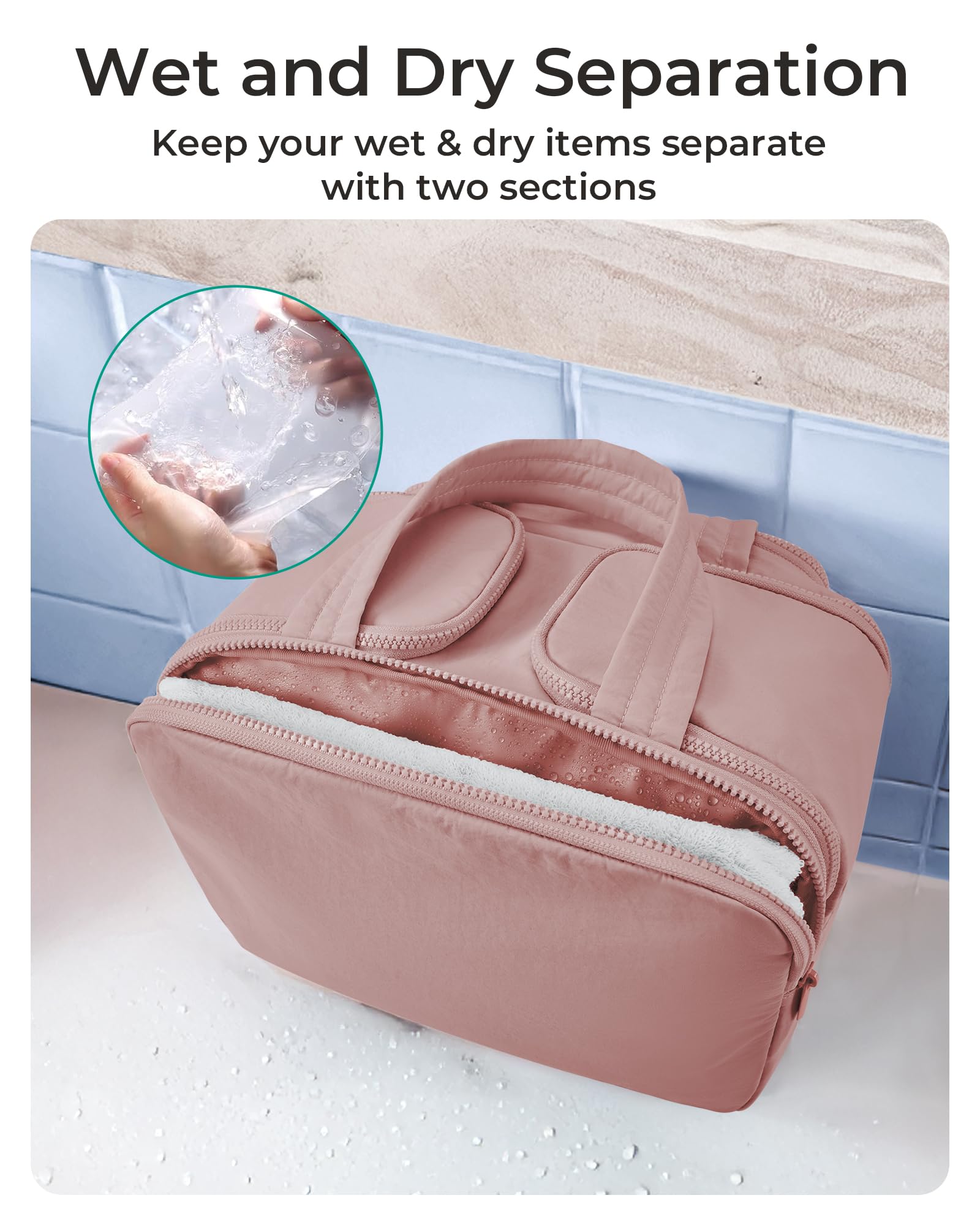 BAGSMART travel toiletry bag dark pink stand upright middle compartment keeps bottles secure in transit