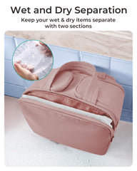 BAGSMART travel toiletry bag dark pink stand upright middle compartment keeps bottles secure in transit