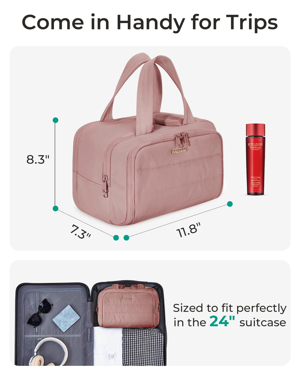 BAGSMART travel toiletry bag dark pink wet dry separation supports clean, separated storage