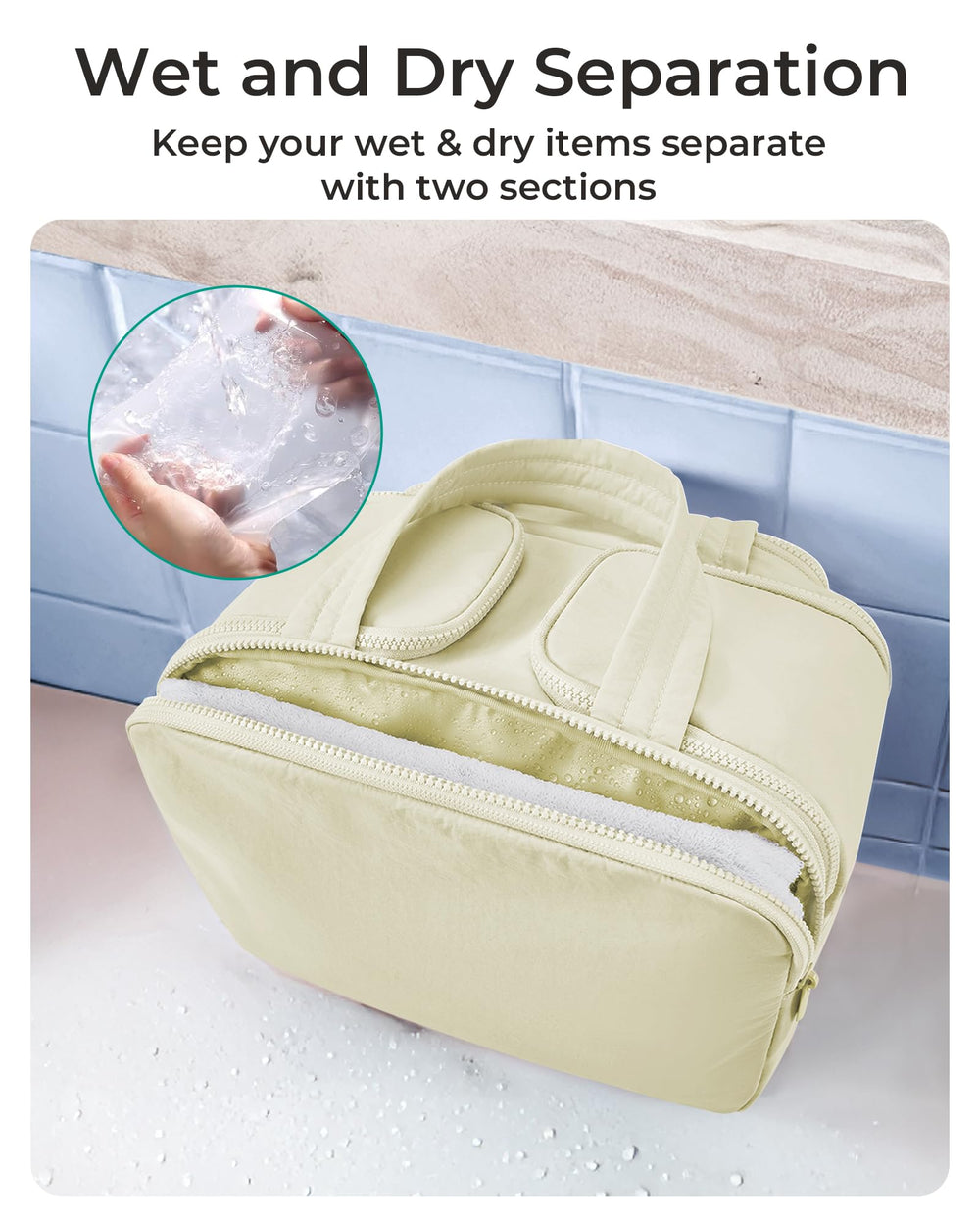 BAGSMART Travel Toiletry Bag dry-wet separation emphasizes clean, mixed-contents design