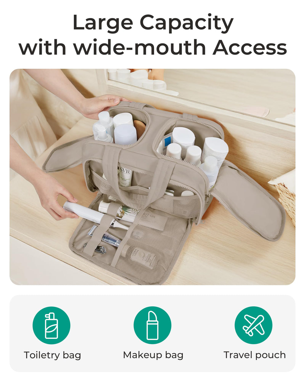 BAGSMART Four-compartment design supports makeup, toiletries, and grooming neatly