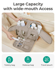 BAGSMART Four-compartment design supports makeup, toiletries, and grooming neatly