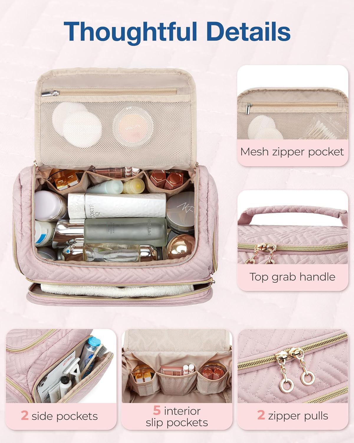 BAGSMART travel toiletry bag front pocket pink keeps small items accessible