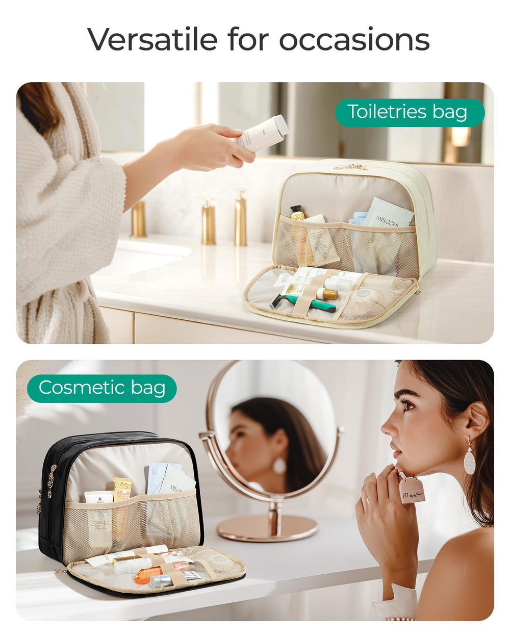 BagSmart toiletry bag front pocket waterproof to separate wet items for travel.