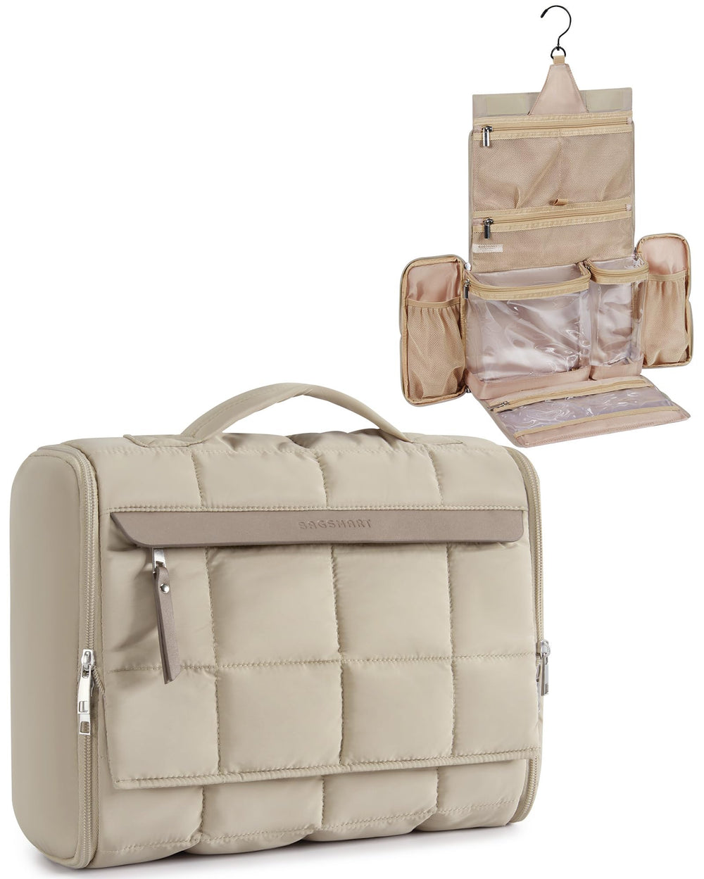 BAGSMART travel toiletry bag full-open hanging design keeps cosmetics organized for quick access.
