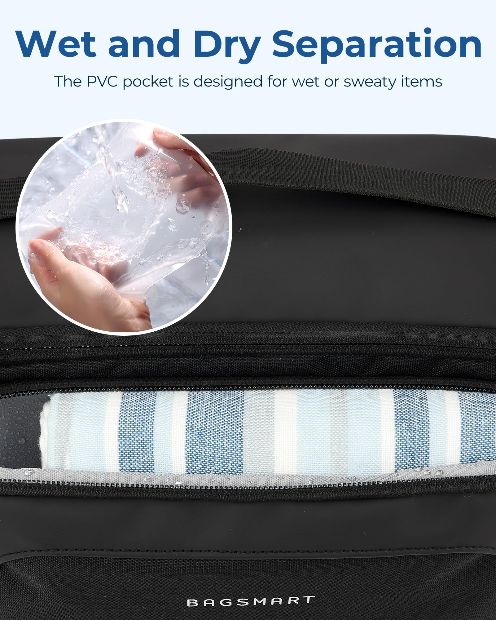 Bagsmart travel toiletry bag shown with sturdy handle for on-the-go carrying.