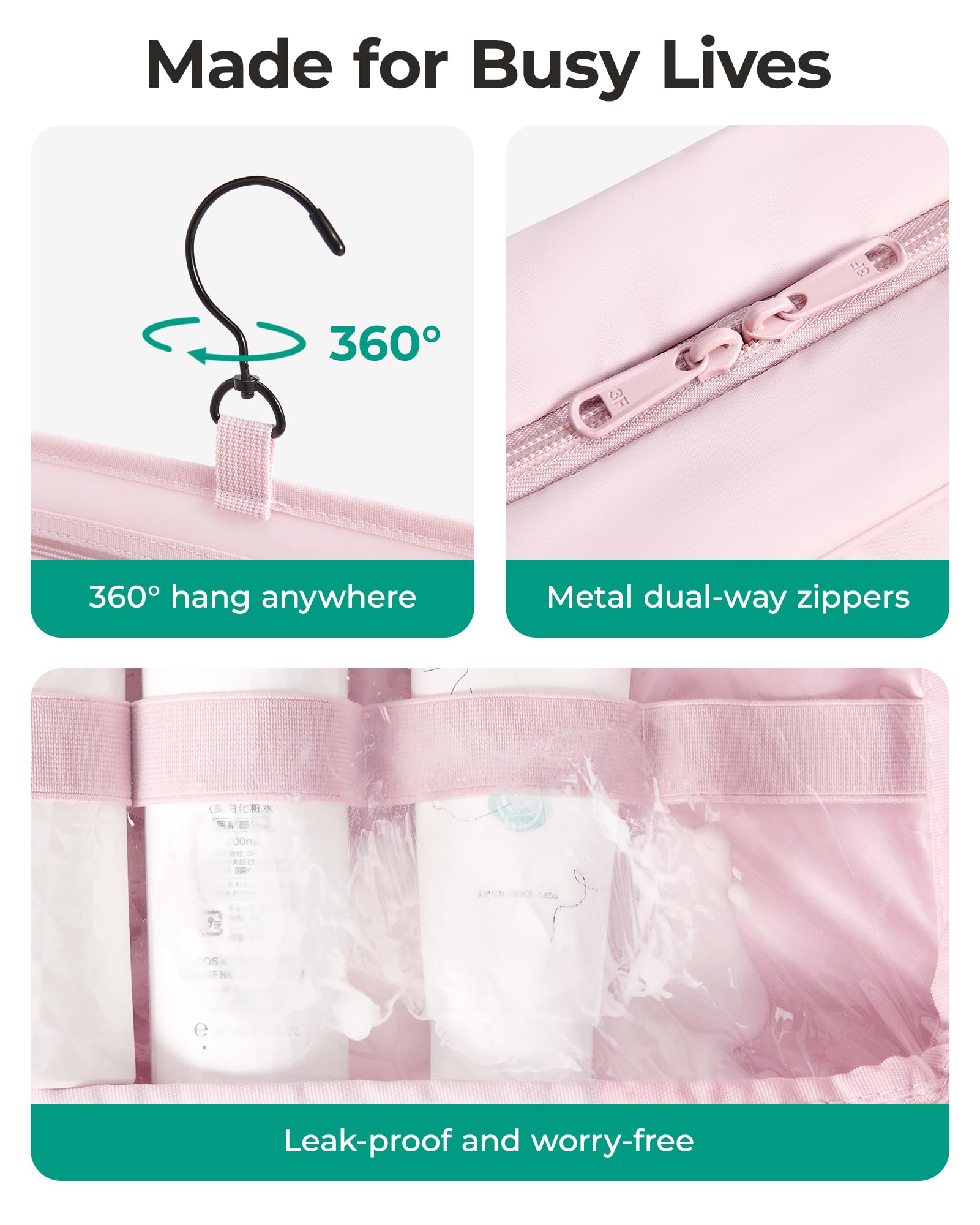 BAGSMART travel toiletry bag swivel hook for versatile hanging access.