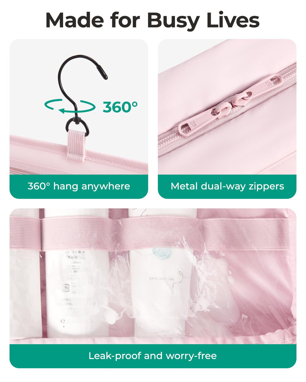 BAGSMART travel toiletry bag swivel hook for versatile hanging access.