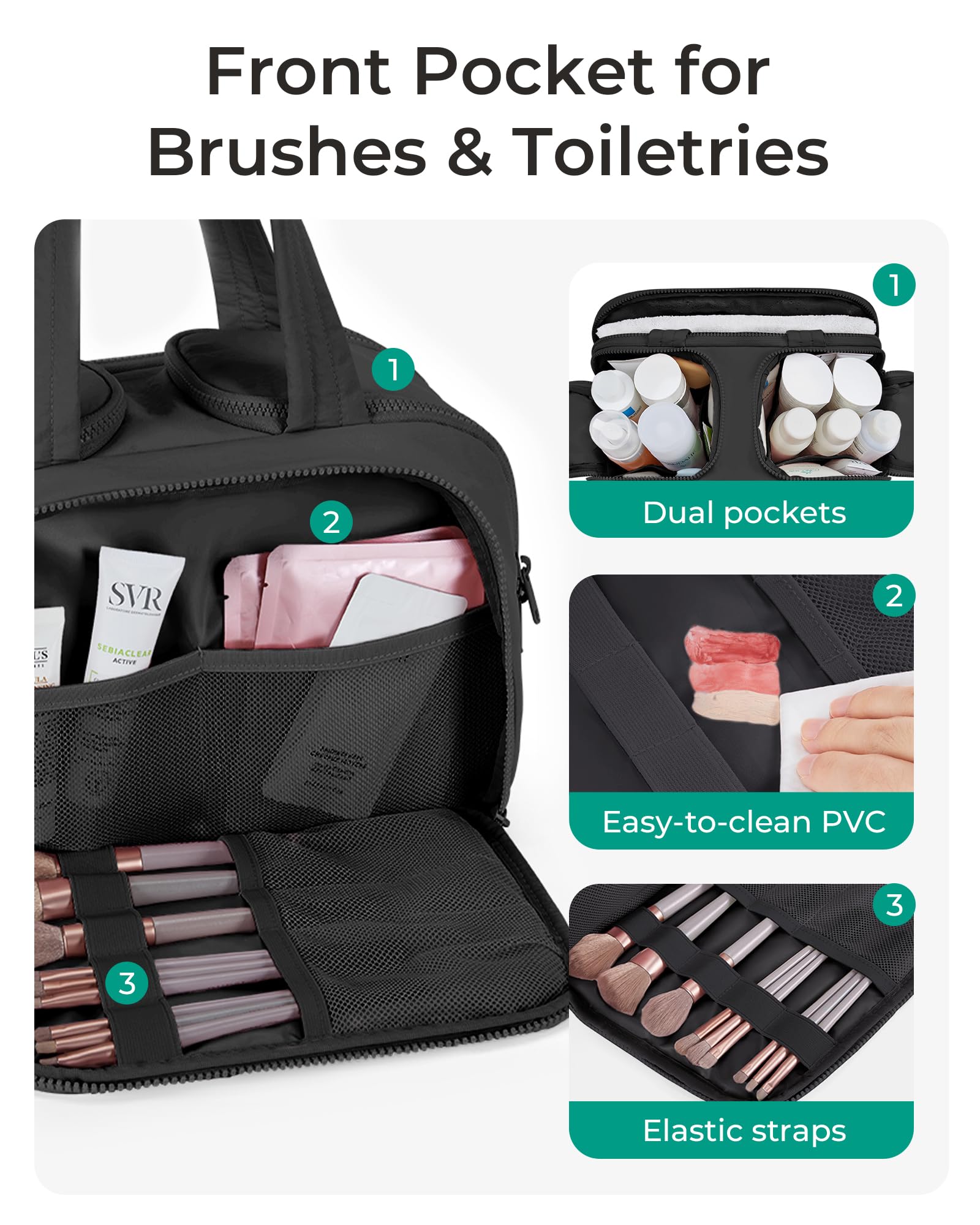 BAGSMART travel toiletry bag inside compartments with four organized sections.
