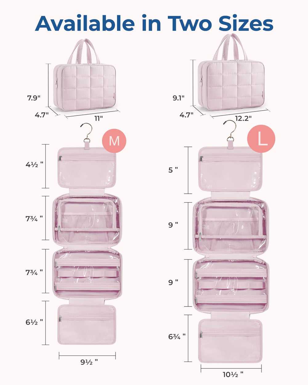 BAGSMART large capacity dimensions highlight mid and large sizes for toiletries and makeup