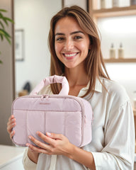 BAGSMART pink puffy toiletry bag handle for easy grab-and-go