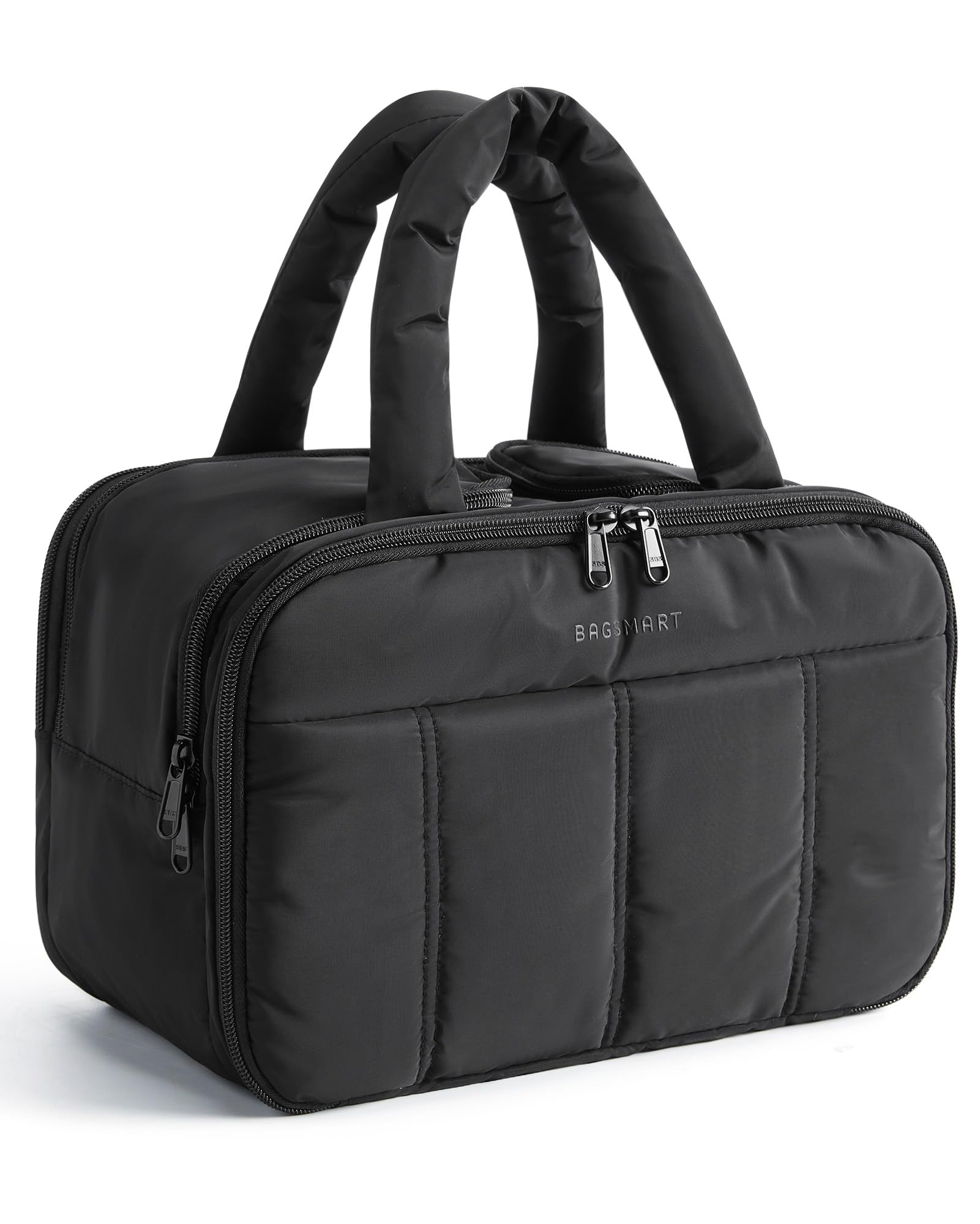 BAGSMART travel toiletry bag puffy black highlights compact, stylish design for easy packing on trips.