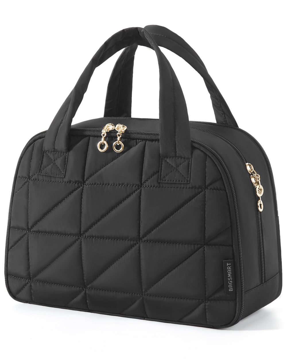 BagSmart travel toiletry bag with puffy material provides lightweight packing comfort.