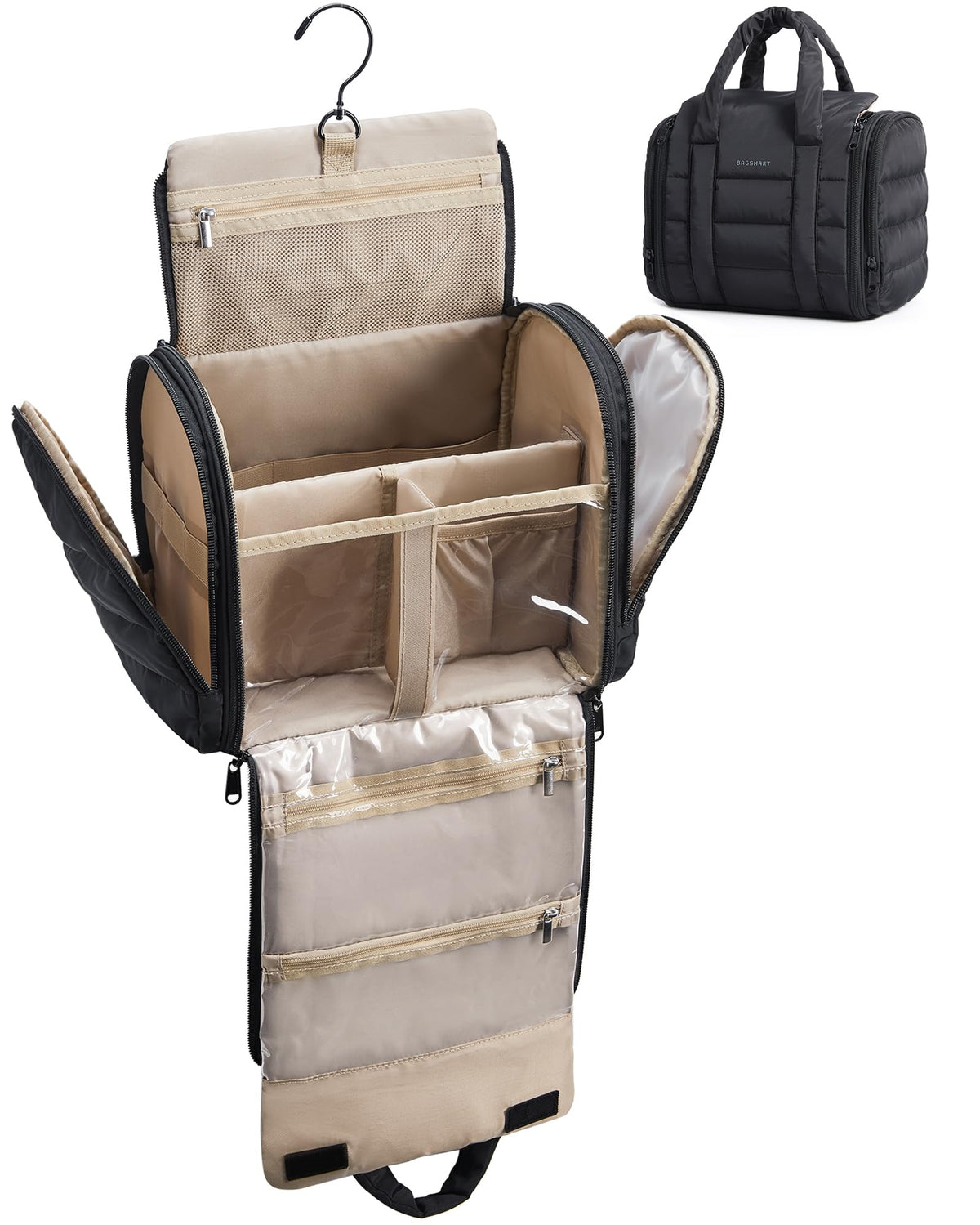 BAGSMART travel toiletry bag removable partition keeps toiletries organized on the go.