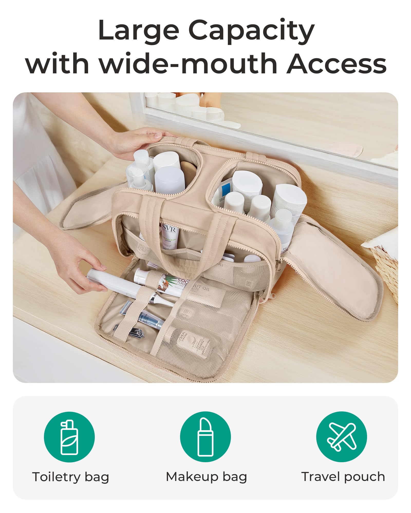 BAGSMART Travel Toiletry Bag stand-up compartments allow quick access