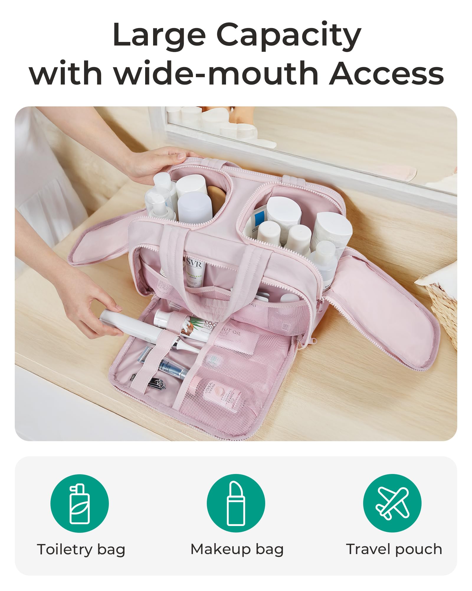 BAGSMART Travel Toiletry Bag stand-up design keeps bottles upright during transit.