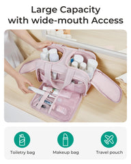 BAGSMART Travel Toiletry Bag stand-up design keeps bottles upright during transit.