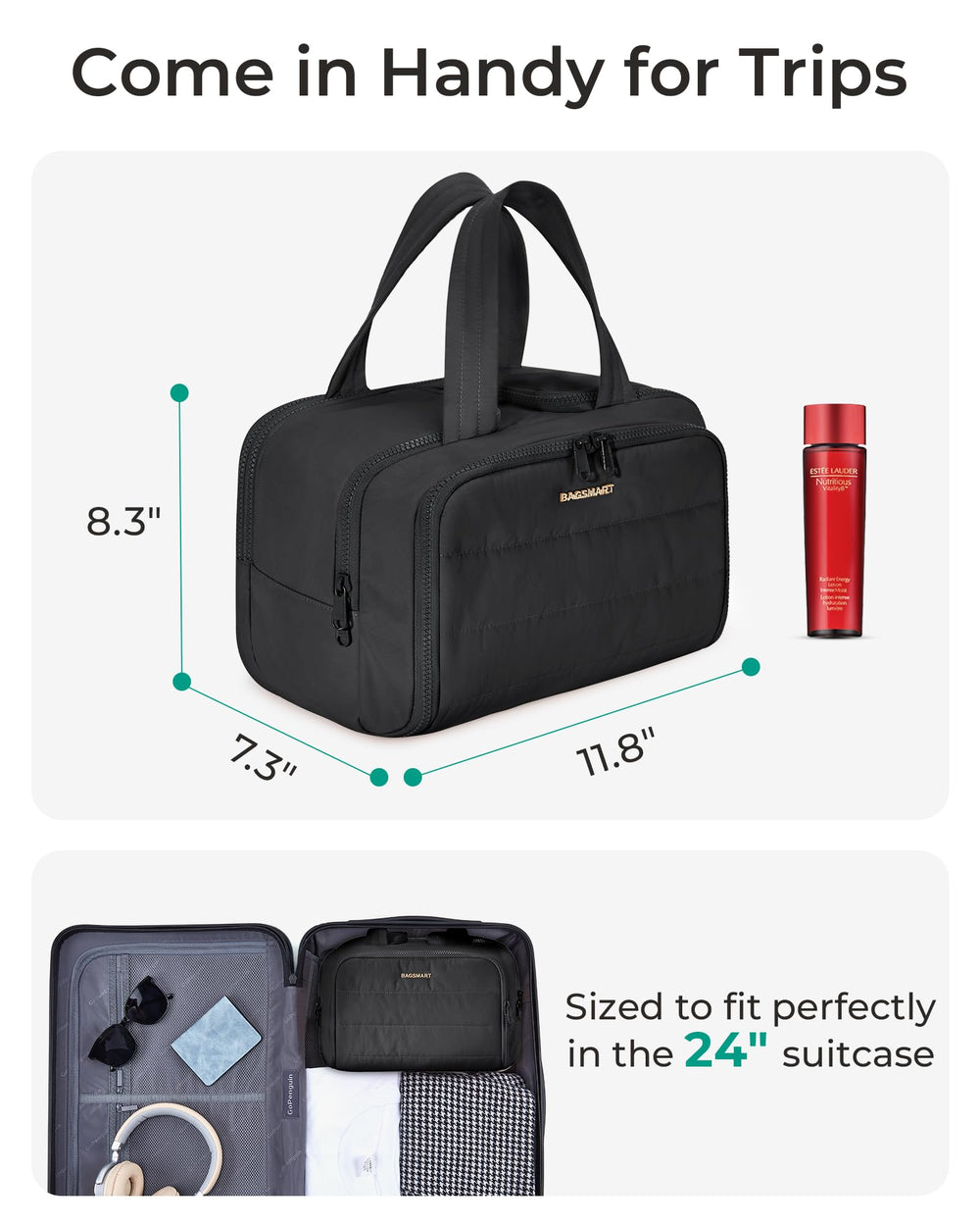 BAGSMART travel toiletry bag wide-open view showing full access and upright stability.