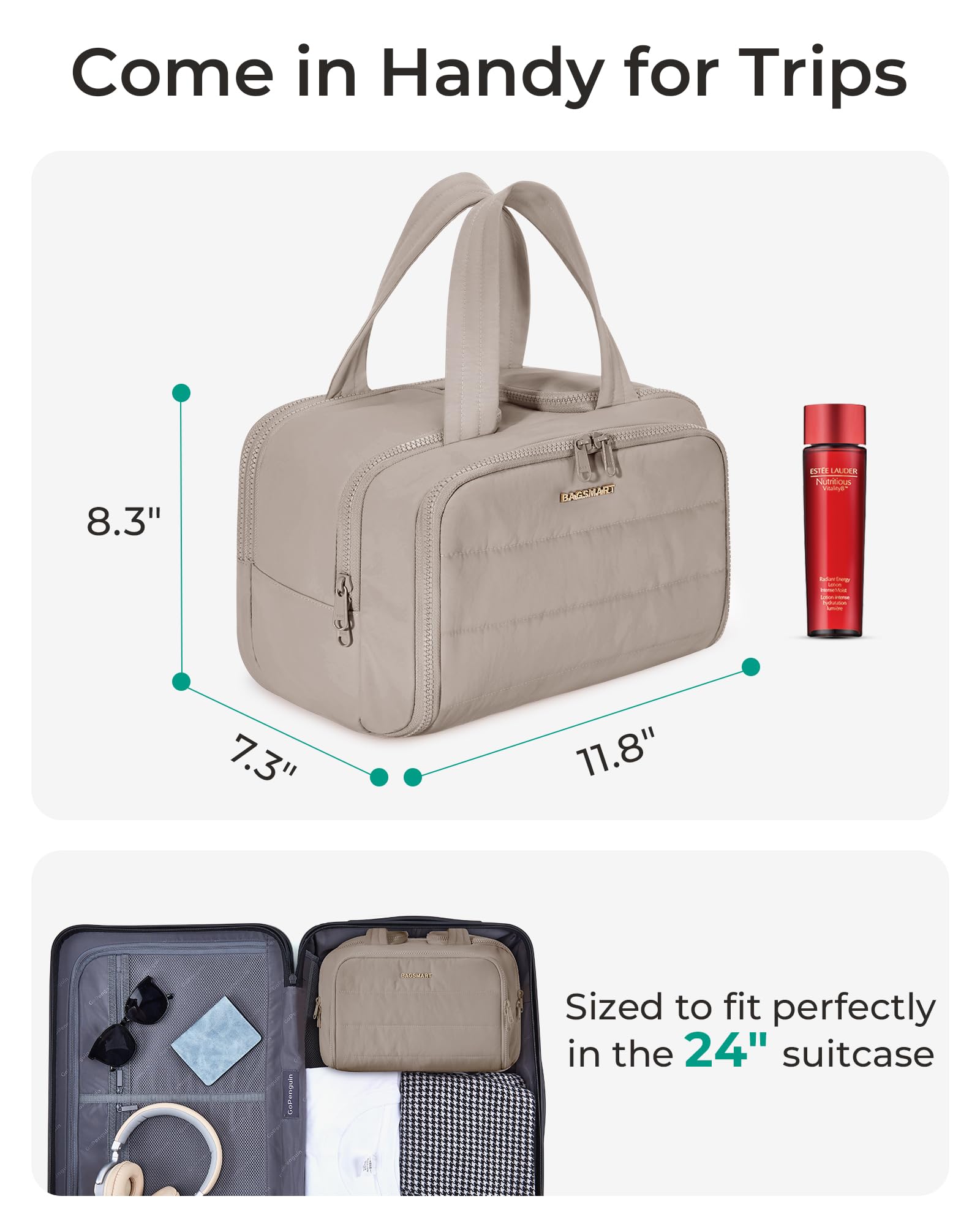 BAGSMART Puffy Toiletry Bag wide-opening top for quick cosmetic retrieval