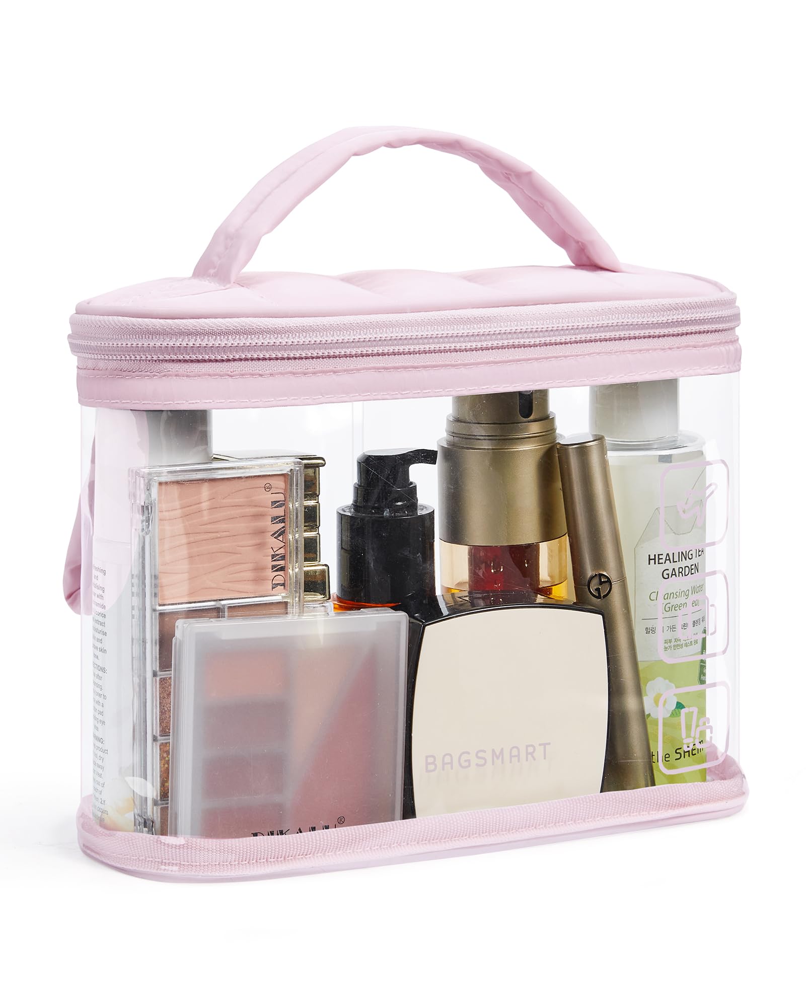 BAGSMART TSA-approved toiletry bag pink with 180-degree opening for easy airport access.