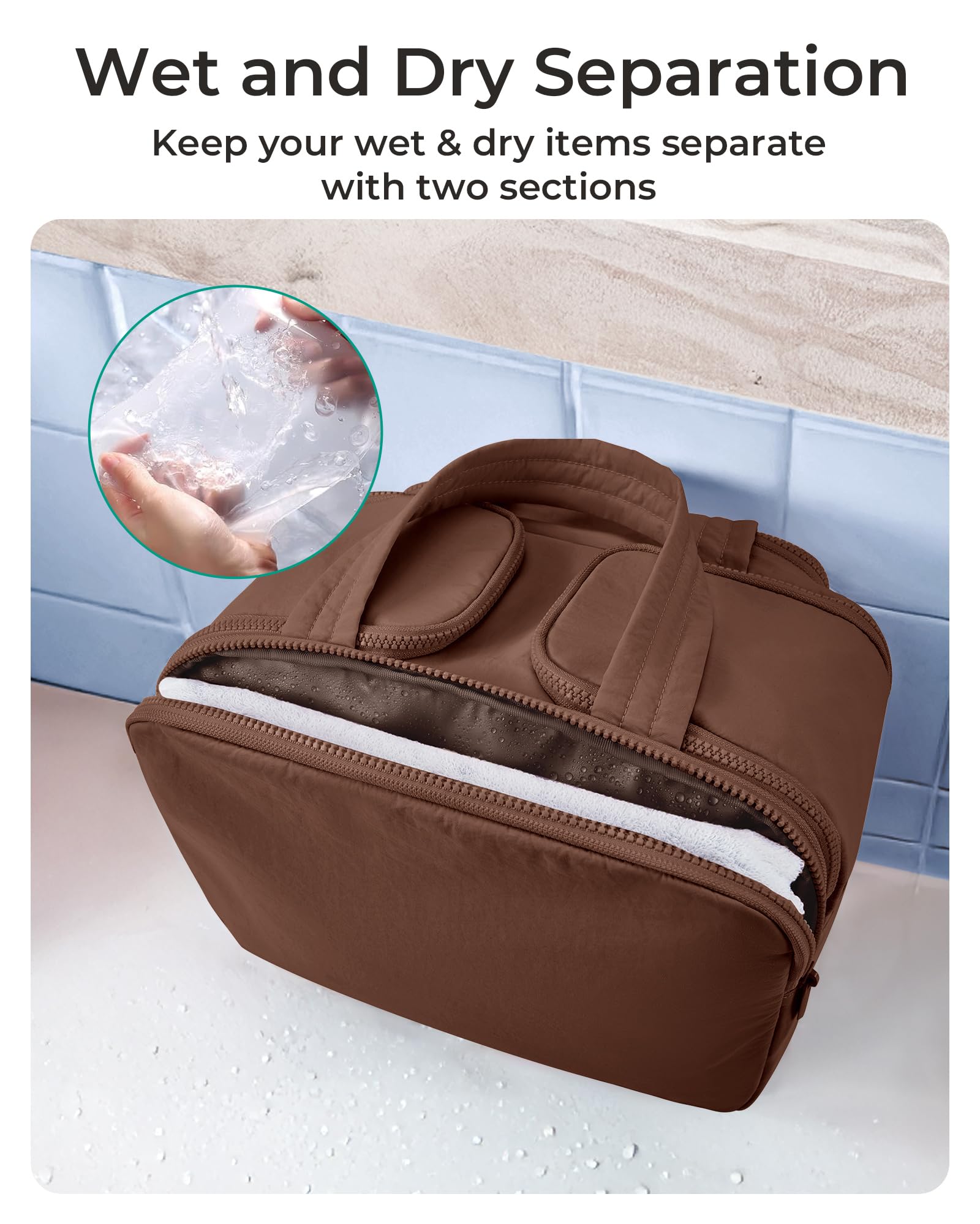 BAGSMART waterproof front-pocket toiletry bag supports dry-wet separation and quick cleanup