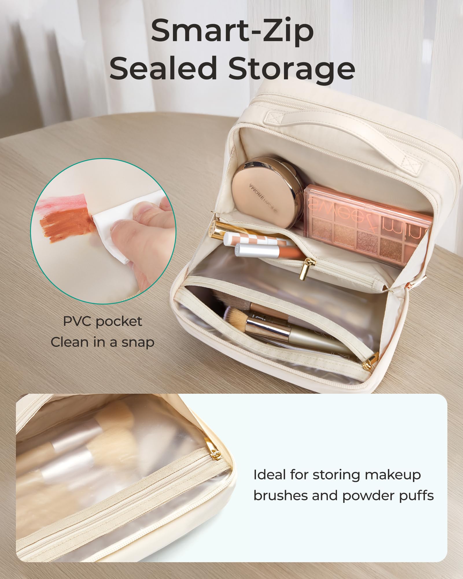 BAGSMART zippered divider pocket keeps liners and brushes organized.