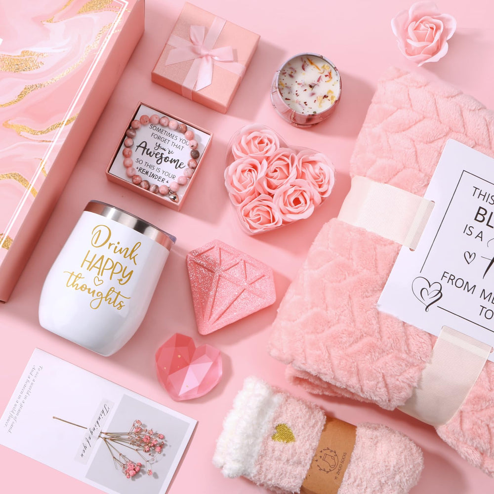 BaiCai pink spa gift basket with tumbler and treats for a relaxing self-care routine.