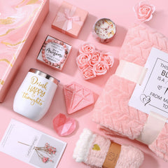 BaiCai pink spa gift basket with tumbler and treats for a relaxing self-care routine.