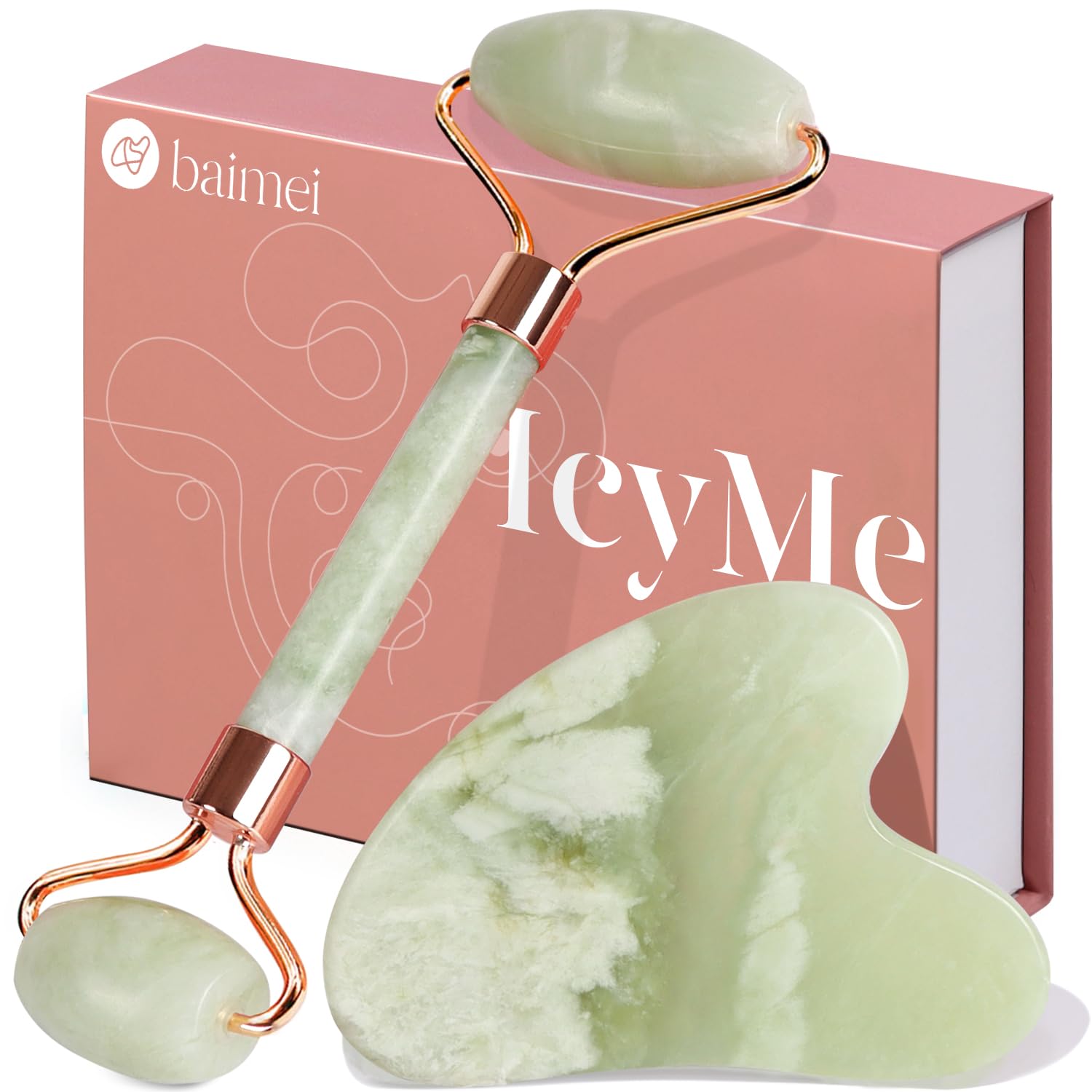 BAIMEI IcyMe jade roller close-up for cooling facial massage and puffiness reduction.