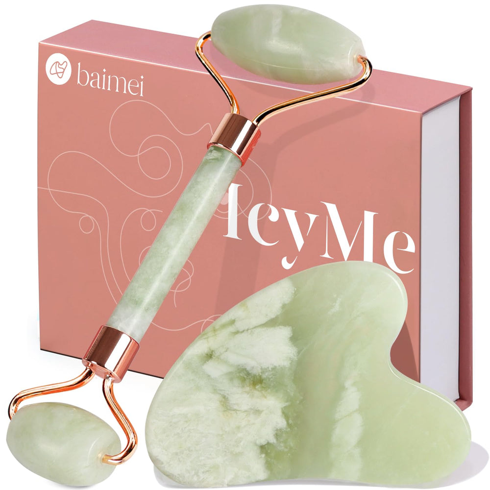 BAIMEI IcyMe jade roller close-up for cooling facial massage and puffiness reduction.