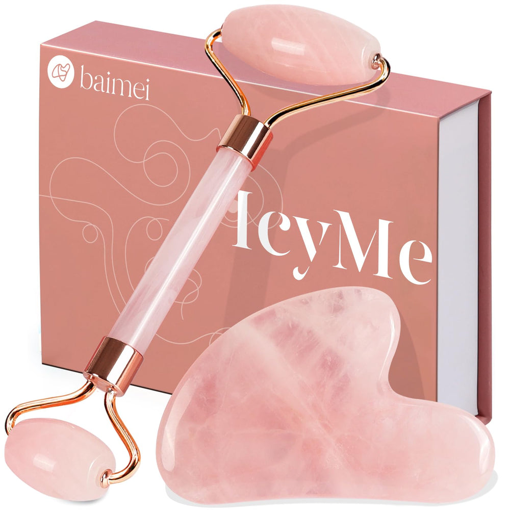 BAIMEI IcyMe rose quartz roller for cooling facial massage and puffiness relief