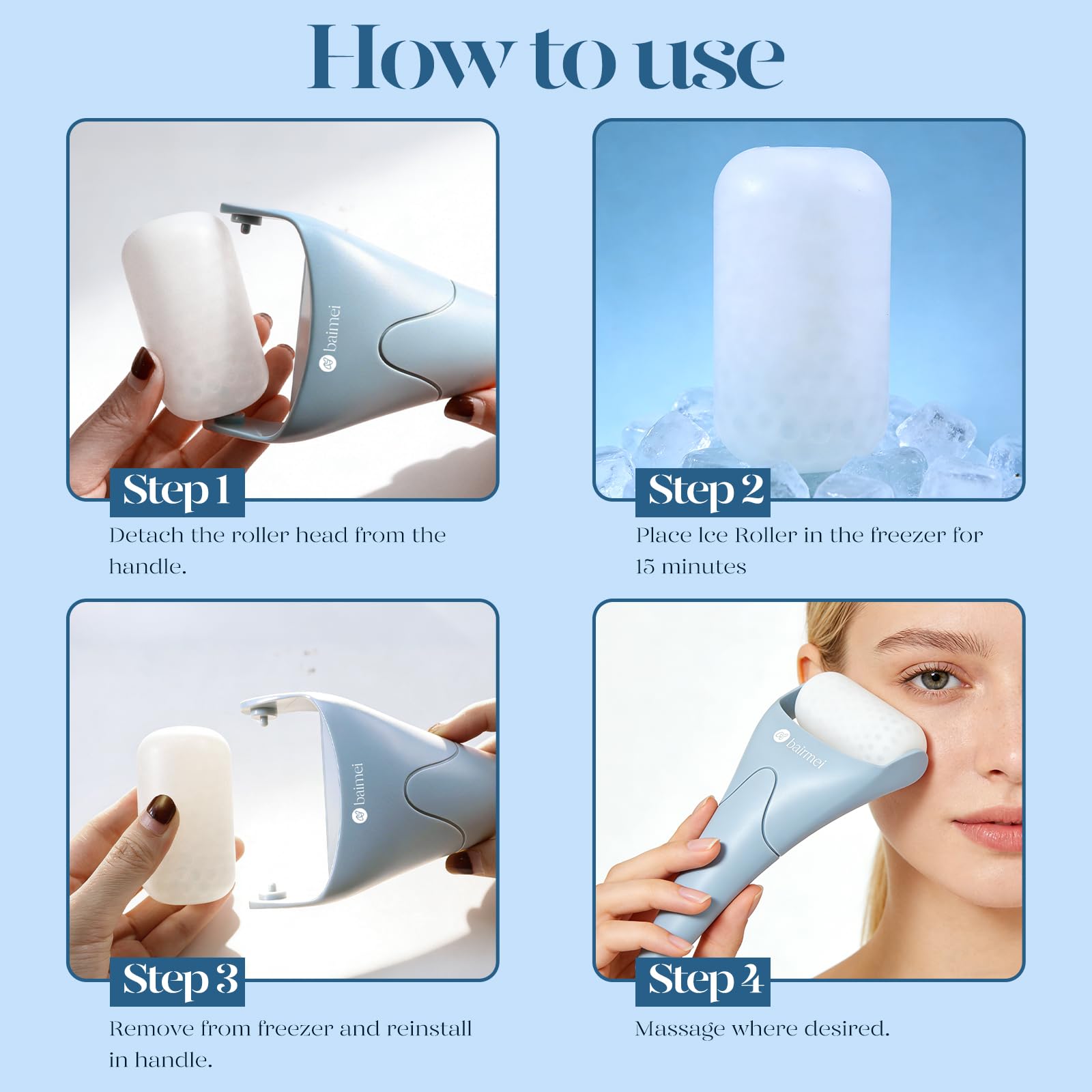 BAIMEI using roller on face illustrating de-puffing and refreshing effect
