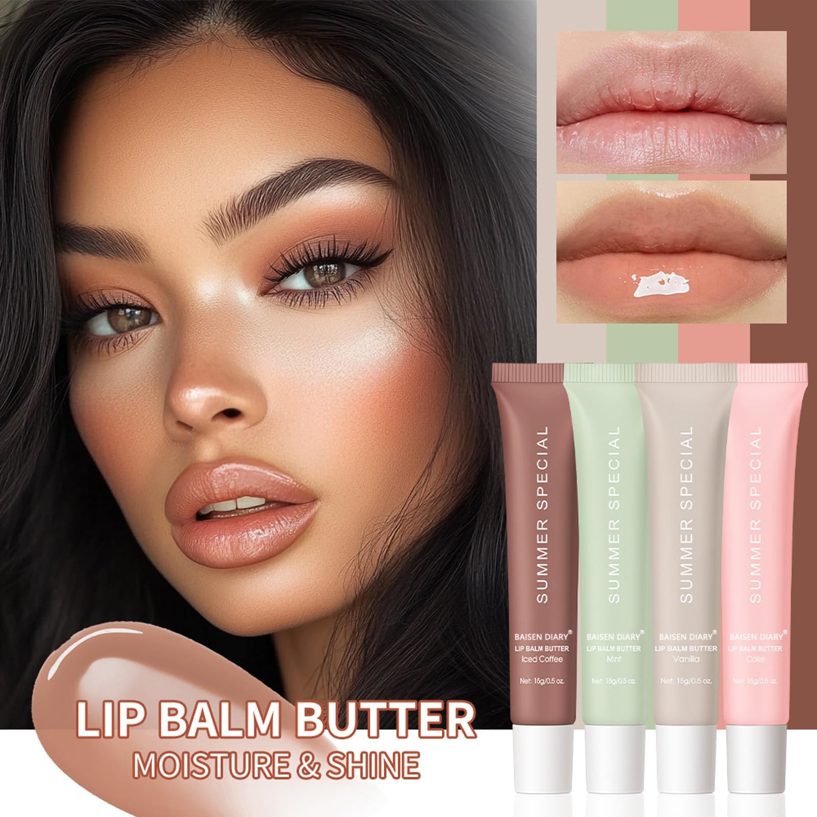 BAISEN DIARY lip butter applying on lips demonstrates quick, non-greasy hydration